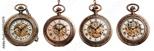 Set of vintage pocket watch isolated on a transparent background