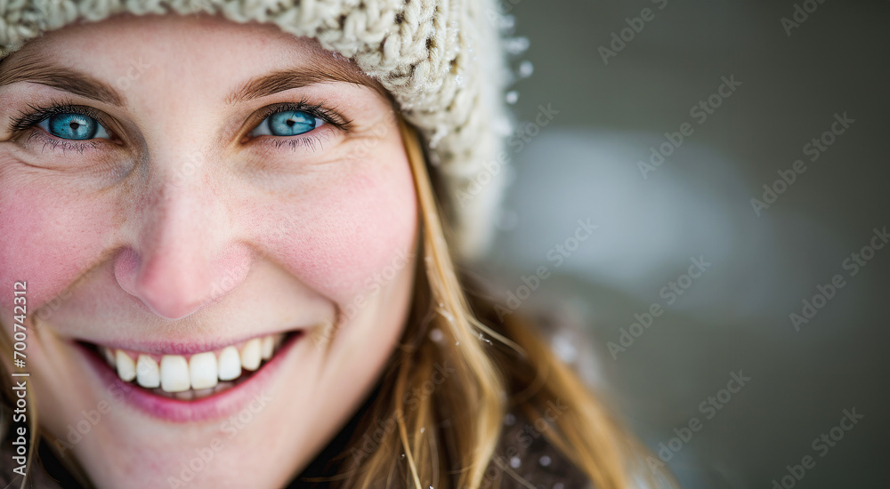 Portrait of beautiful blonde wearing knitted hat and winter clothes walking in a snowy forest.