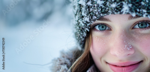 Close up of beautiful smiling teen in winter clothes walking in a snowy forest, a beautiful frosty day.