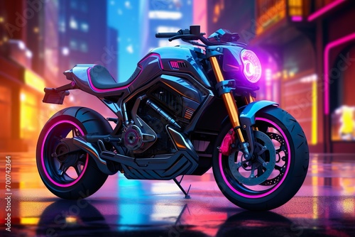 futuristic mini touring bike neon color cinematic anime bike with buildings made with AI 