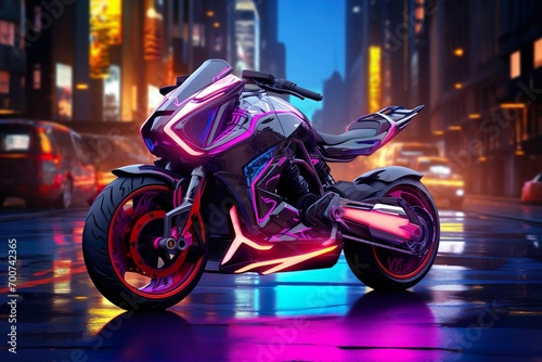 futuristic mini touring bike neon color cinematic anime bike with buildings made with AI  photo