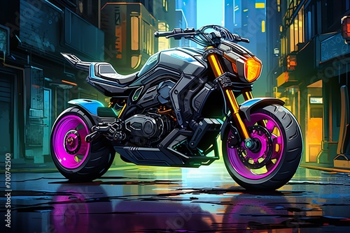 futuristic mini touring bike neon color cinematic anime bike with buildings made with AI 