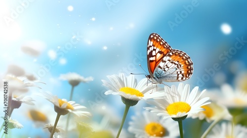 Beautiful butterfly on a daisy, spring background.
