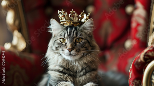 beautiful cat in crown on his head wearing kings outfit and sitting on the red and gold velvet throne © ALL YOU NEED studio