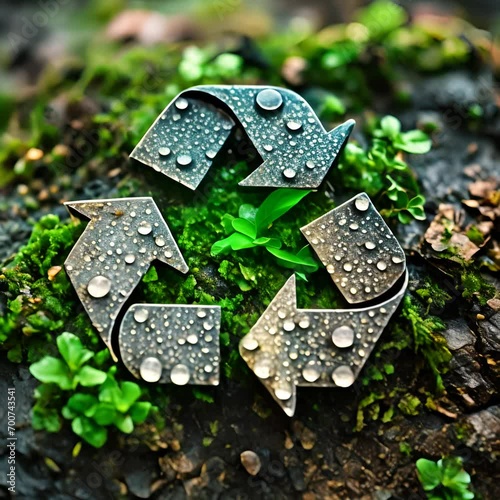 Recycle Symbol with water drops on Moss and Stone Background. Save the earth concept. Recycling Icon. Renewable and Sustainable Resources. Environmental and Ecology Care Concept.