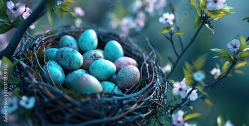 a bird's nest filled with colorful eggs in gardens