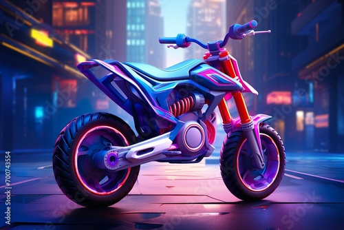 mini futuristic trail bike neon color BIKE high detail buildings in the Background made with AI  photo