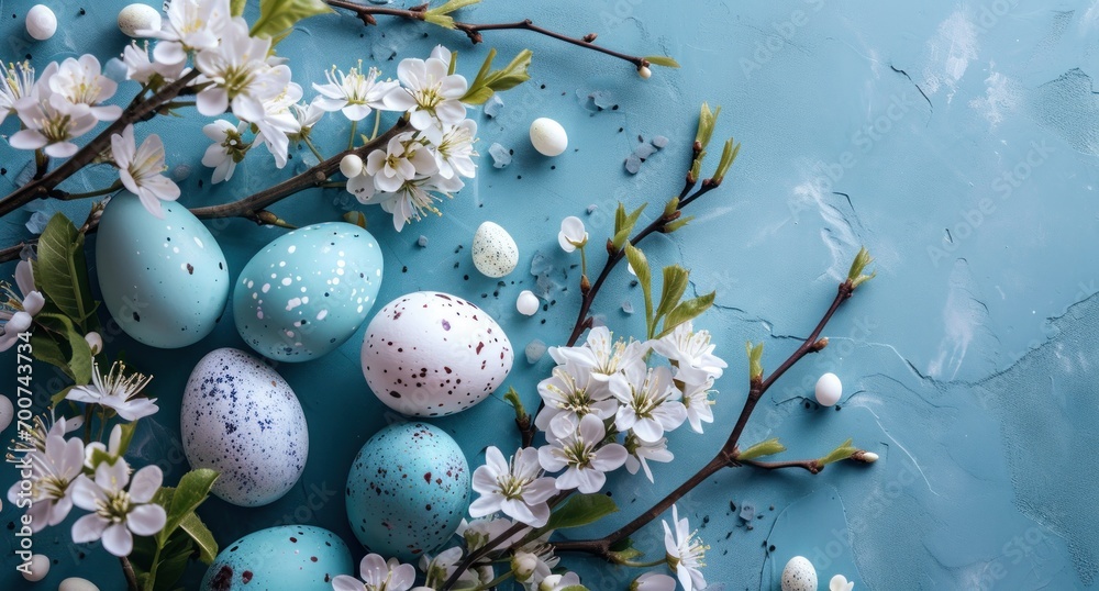 a blue background with easter eggs on top of it a blue background with easter eggs on top of it
