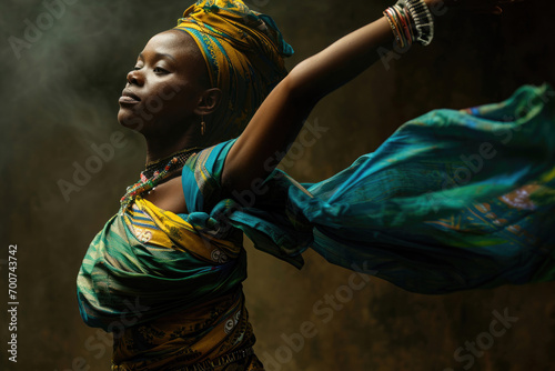 African woman adorned in traditional attire performs a dance