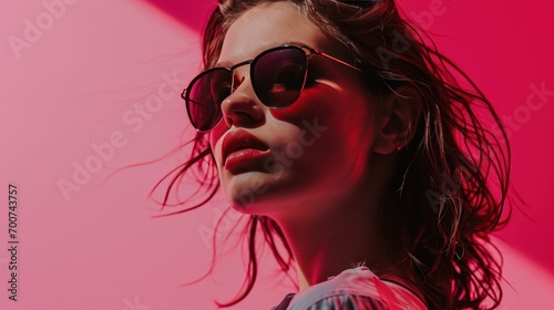a girl wearing sunglasses is posing against a pink background