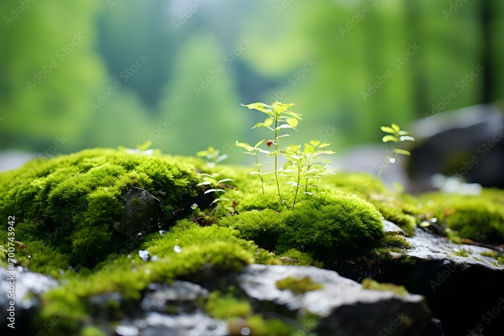 This is a detailed close-up photo of a colony of green moss living on rocks or stones in a deep forest This is a detailed close-up photo of a colony of green moss living on rocks or stones in a deep forest