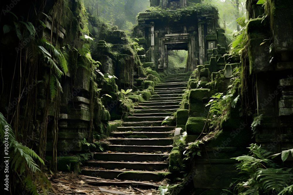 Fototapeta premium Magnificent view of forgotten ancient ruins deep in the forest with no traces of humans