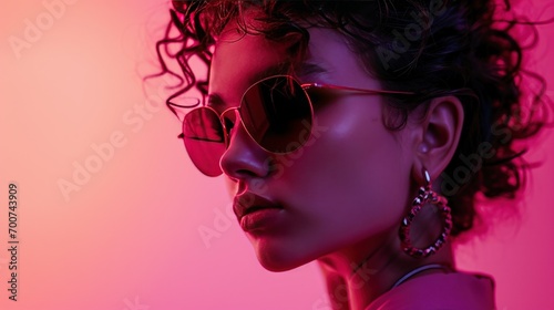 a girl wearing sunglasses is posing against a pink background