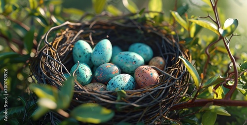 a bird's nest filled with colorful eggs in gardens