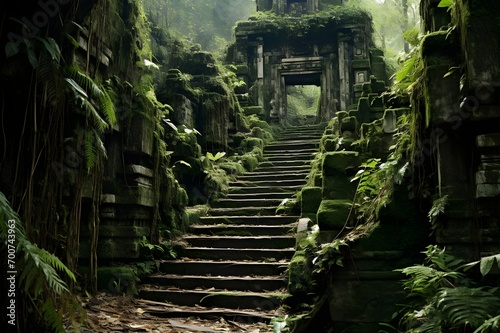 Magnificent view of forgotten ancient ruins deep in the forest with no traces of humans