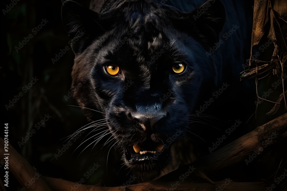 Black Panther hiding and glaring in the dark to hunt