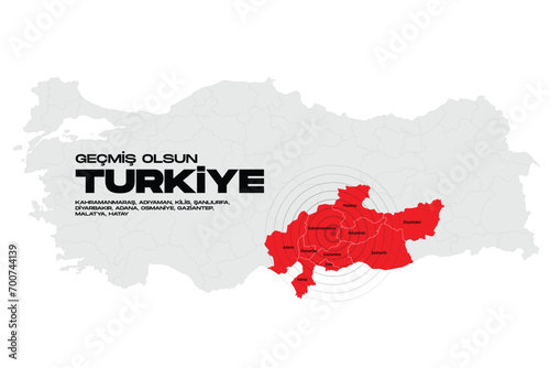 Türkiye depremi 6 şubat. Turkey earthquake february 6, 2023. Pray For Turkey. Vector design. Central fault line. Affected cities infographic vector design photo