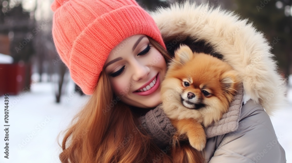 A heartwarming scene of human-canine friendship in the winter. A woman and her loyal dog sharing joy amid the snowy beauty of nature