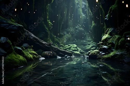 Scenery of a cave in a dark and gloomy forest with fireflies