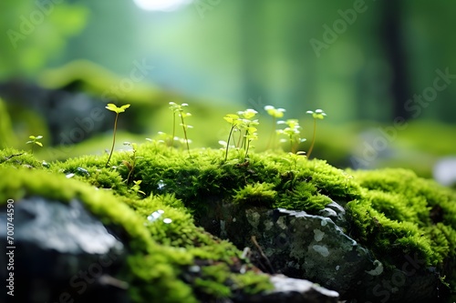 This is a detailed close-up photo of a colony of green moss living on rocks or stones in a deep forest