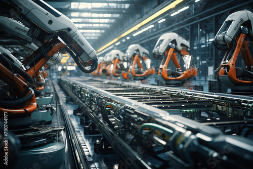 Robotic arms in an advanced factory construct delicate parts on a cutting-edge assembly line.