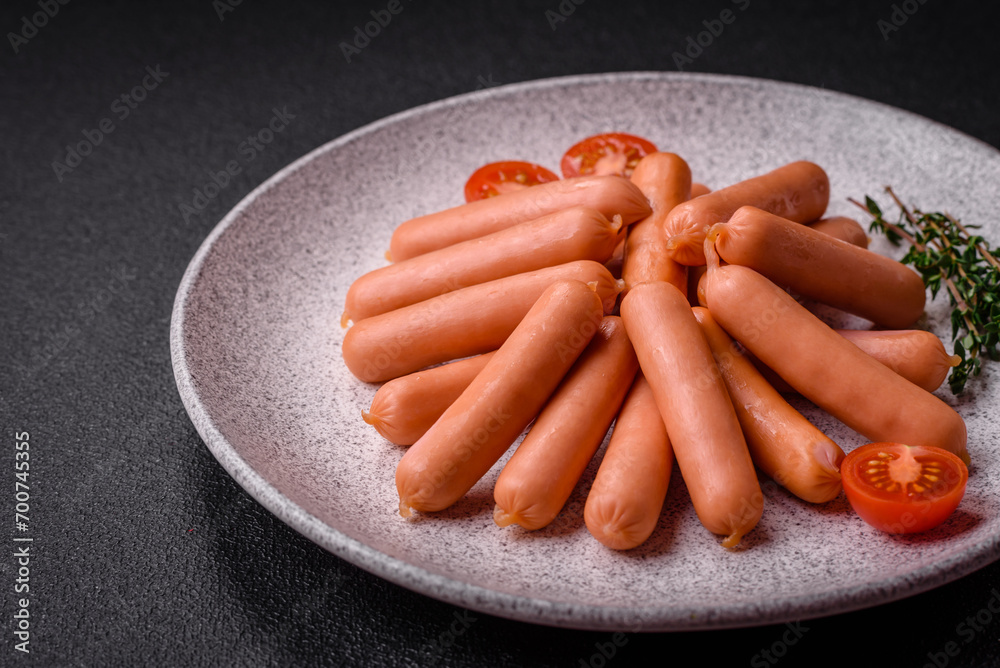 Delicious small sausages with salt, spices and herbs Delicious small sausages with salt, spices and herbs