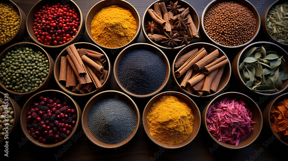 A birds-eye view of a scented bazaar exhibiting a plethora of bright spices.