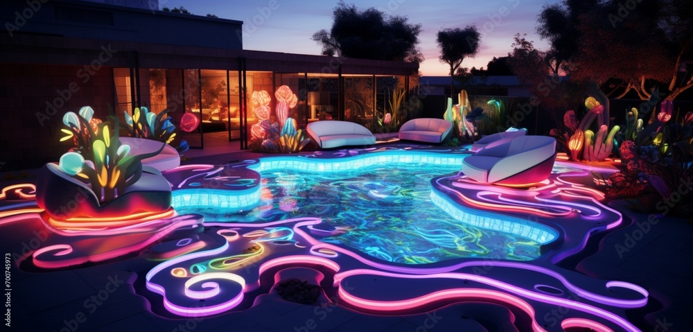 A modern backyard with a kidney-shaped pool surrounded by neon art ...