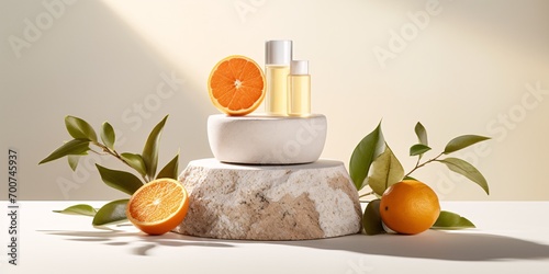 Stunning product showcase of skincare items on a white backdrop using porous rocks and oranges, captured in a studio setting.