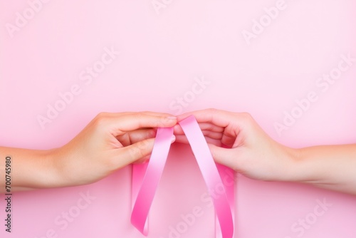 Healthcare  people and medicine concept - close-up of women s hands with cancer awareness ribbons.