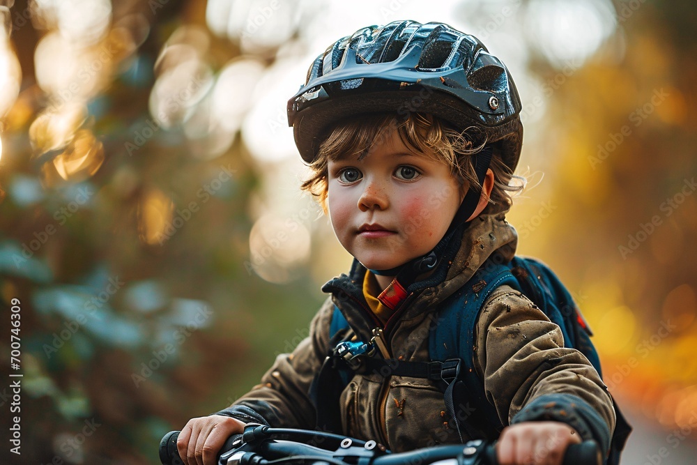 Young boy on bike wearing protective head gear. Young boy on bike wearing protective head gear.