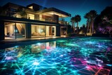 A modern backyard with a pool and a laser light show above, casting 3D intricate, colorful laser patterns on the pool surface, laser light luxury
