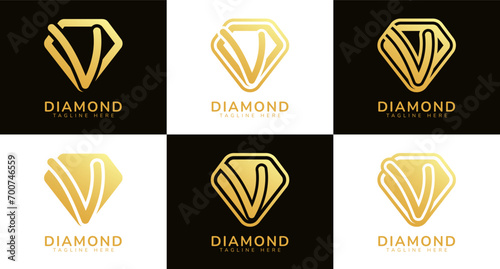 Set of diamond logos with initial letter V. These logos combine letters and rounded diamond shapes using gold gradation colors. Suitable for diamond shops, e-commerce