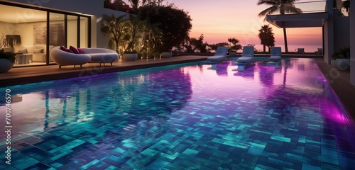 A modern backyard with a pool lined with color-shifting tiles that transition from deep violet to sea green  creating 3D intricate  oceanic patterns  oceanic ombre