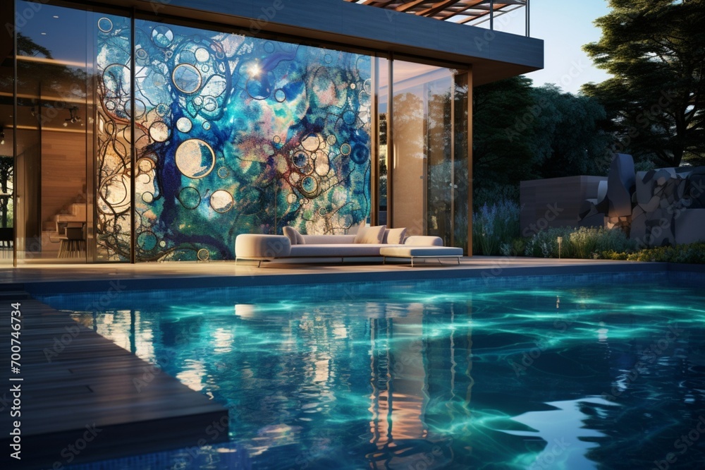 A modern backyard with a pool featuring a smart glass bottom, displaying 3D intricate, customizable patterns visible from below
