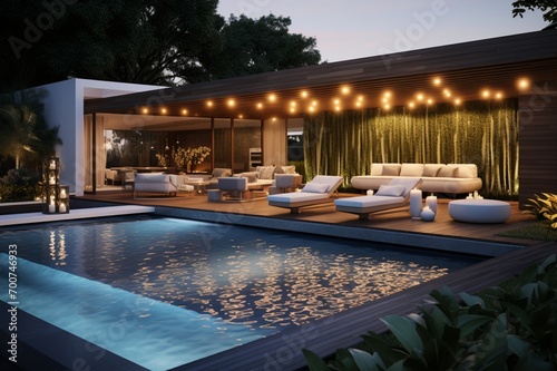 A modern backyard with a pool featuring a sunken lounge area, the overhead lighting creating 3D intricate, cozy patterns © Nairobi 