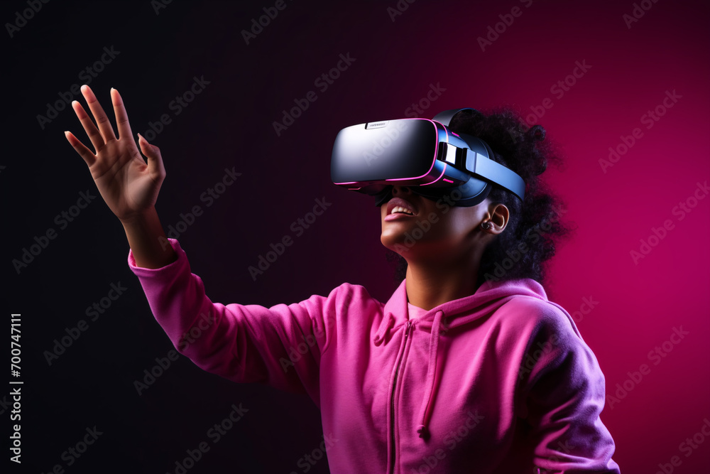 Futuristic exploration Excited lady experiences augmented reality with VR glasses against a vibrant neon backdrop. Futuristic exploration Excited lady experiences augmented reality with VR glasses against a vibrant neon backdrop.