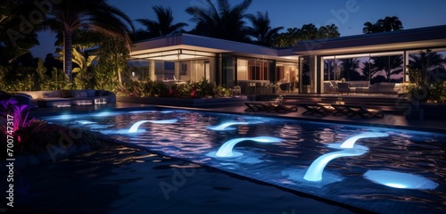A modern backyard with a pool flanked by artistic, illuminated water fountains, each casting 3D intricate, fountain patterns, artistic aquatics