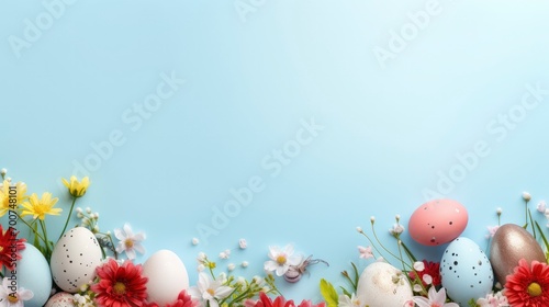 Spring flowers and colorful easter egg with pastel blue background