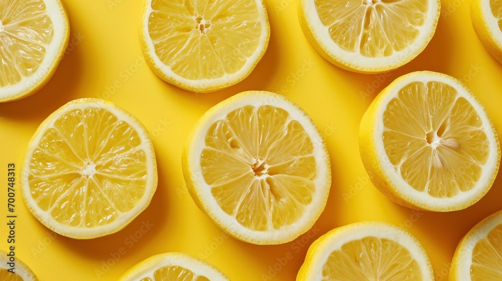 Vitamin C and lemon slices on a yellow background.