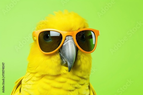 The yellow parrot wears sunglasses over a green background.