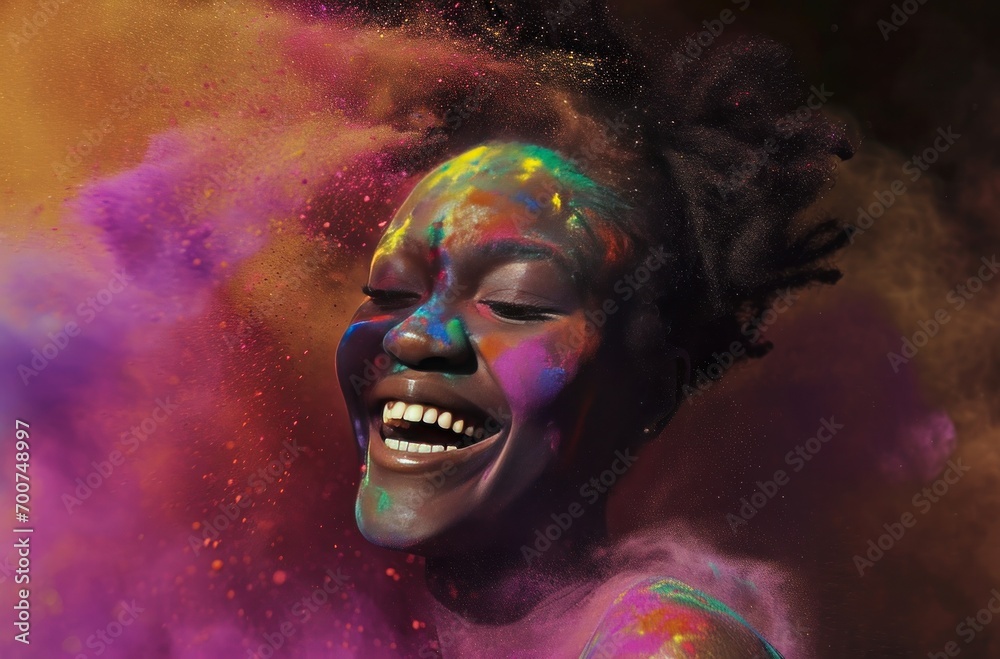 a smiling woman with colorful powder around her