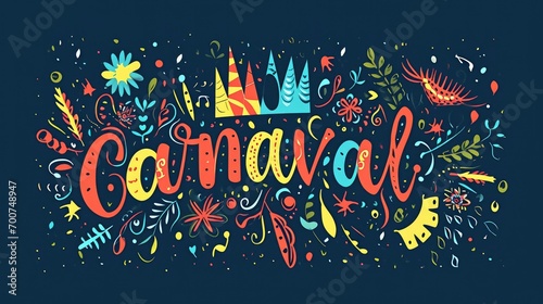 Hand drawn Carnaval Lettering. Carnival Title With Colorful Party Elements, confetti and brasil samba dansing
