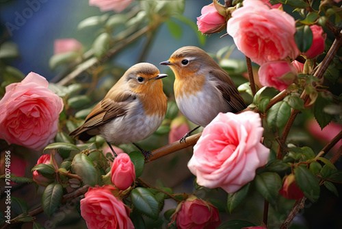 two birds on a flowering branch. ove birds in the spring in the garden. © Natali9yarova