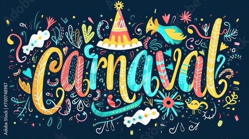Hand drawn Carnaval Lettering. Carnival Title With Colorful Party Elements, confetti and brasil samba dansing photo