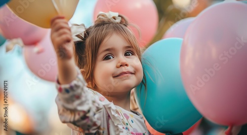 a toddler holding up a bunch of colorful balloons