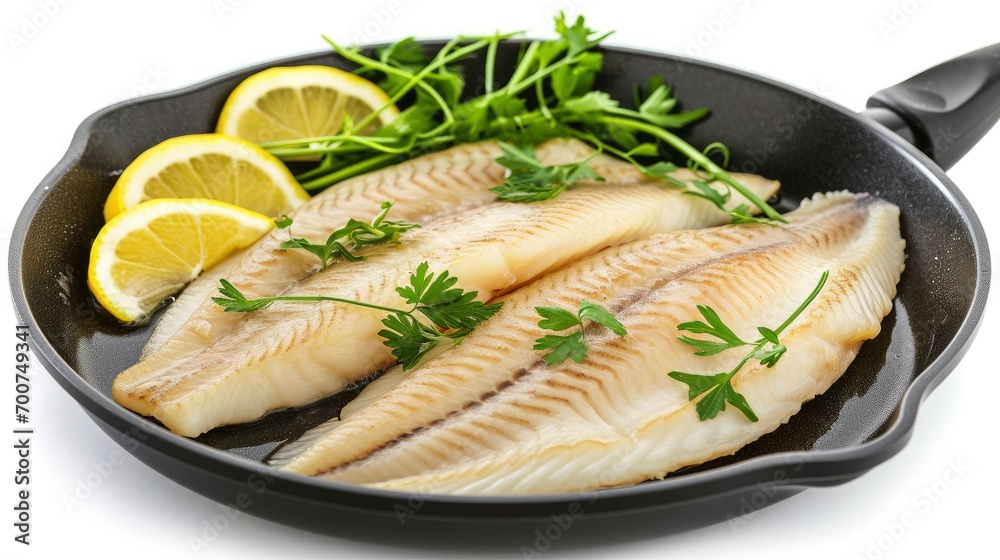 Sole meat in a pan isolated on clear white background