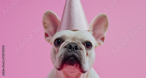 a white french bulldog in a party hat is standing on a pink background