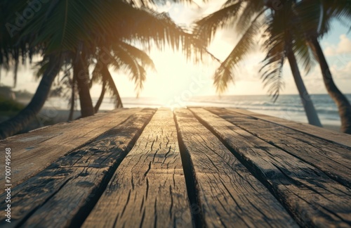 a wooden table with palm trees on the beach