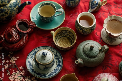 an arrangement of tea cups and teapots on red paper